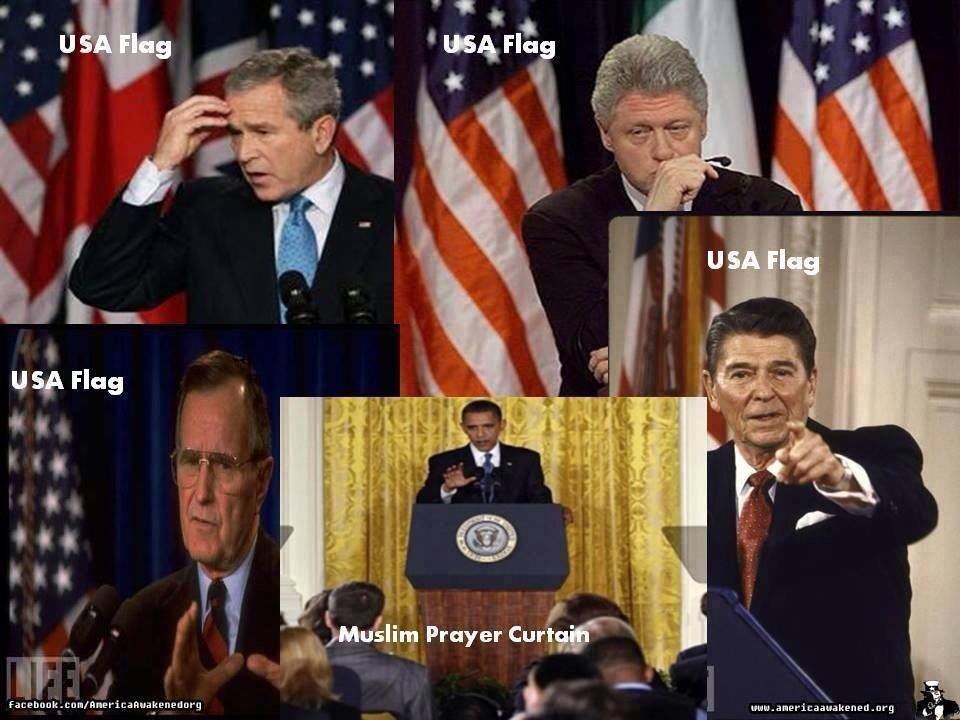 Composite photograph comparing four presidential podium appearances against American flags with a fifth appearance against gold drapery, annotated with labels.