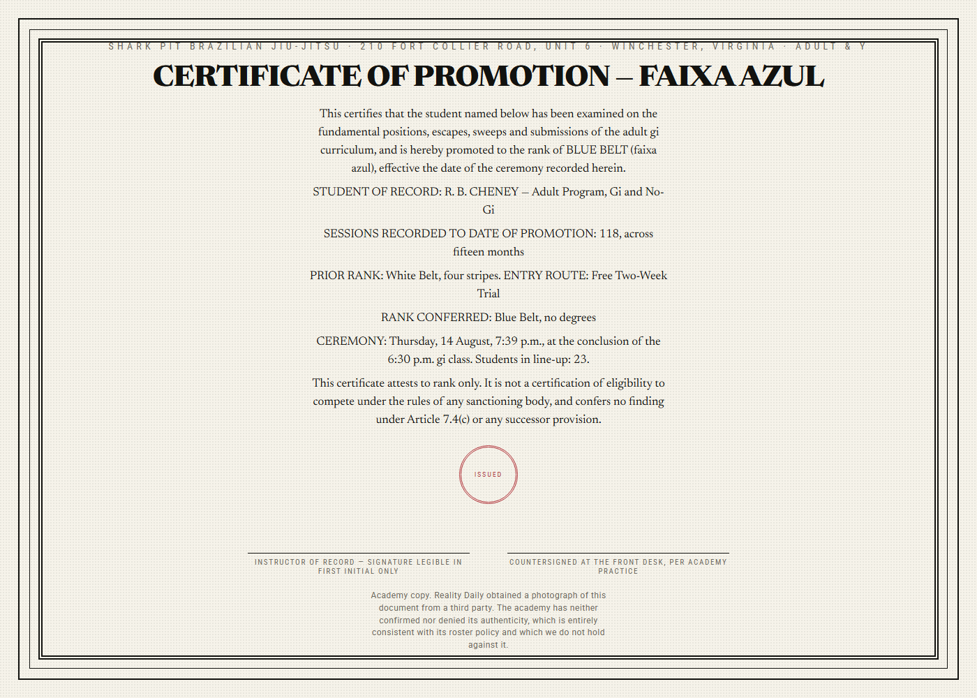 A jiu-jitsu academy certificate of promotion to blue belt, listing the student, session count, prior rank, ceremony time and a closing clause stating the certificate does not certify competition eligibility.
