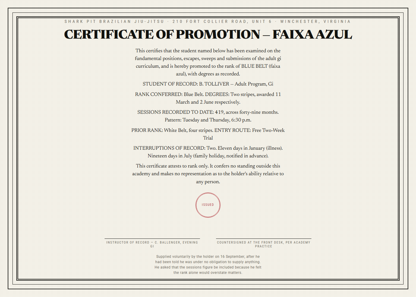 A jiu-jitsu promotion certificate from a Winchester academy recording the promotion of B. Tolliver to blue belt with two stripes and 419 recorded training sessions across forty-nine months.