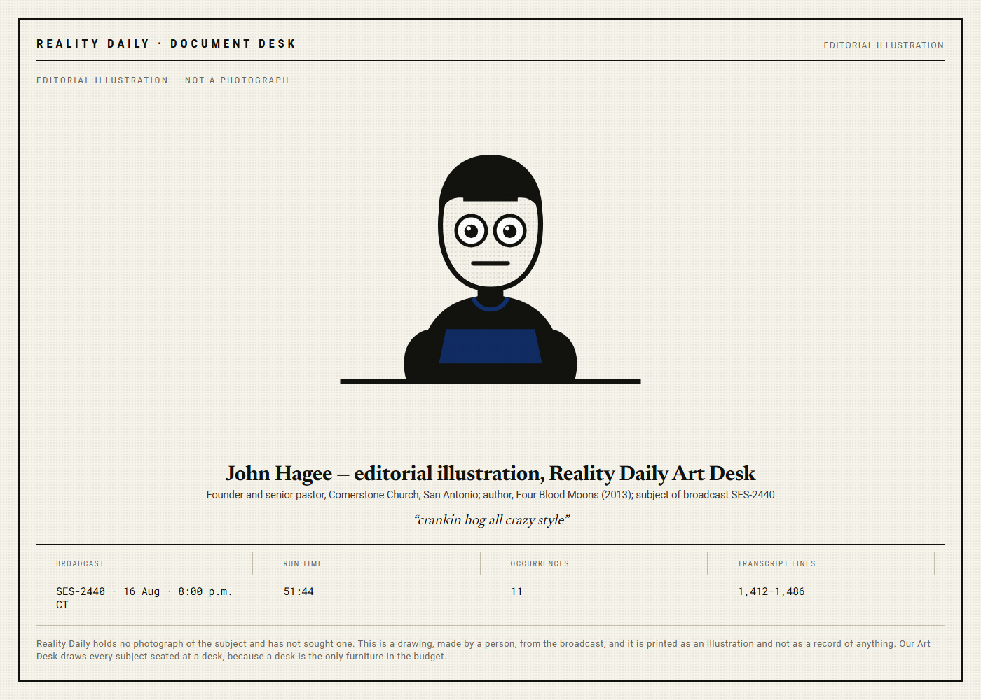 High-contrast duotone woodcut-style editorial illustration of a broad-faced figure with a flat fringe and wide unblinking eyes, seated at a desk behind an open laptop with both hands resting on either side of it, printed with a coarse halftone texture.