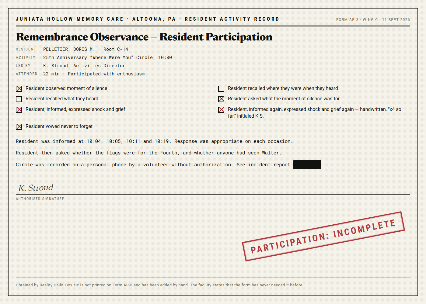 A memory care facility activity form for resident Doris Pelletier with checkboxes; the boxes for observing a moment of silence, expressing shock and grief, and vowing never to forget are checked, while the boxes for recalling where she was and what she heard are empty. A red stamp reads PARTICIPATION: INCOMPLETE.