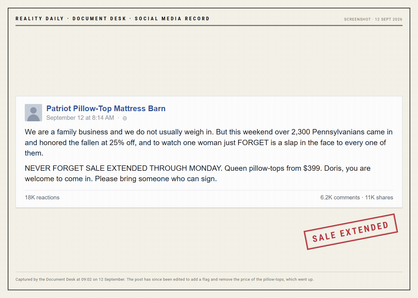 A screenshot of a Facebook post from Patriot Pillow-Top Mattress Barn calling the woman’s lapse a slap in the face and announcing that its Never Forget sale has been extended through Monday.