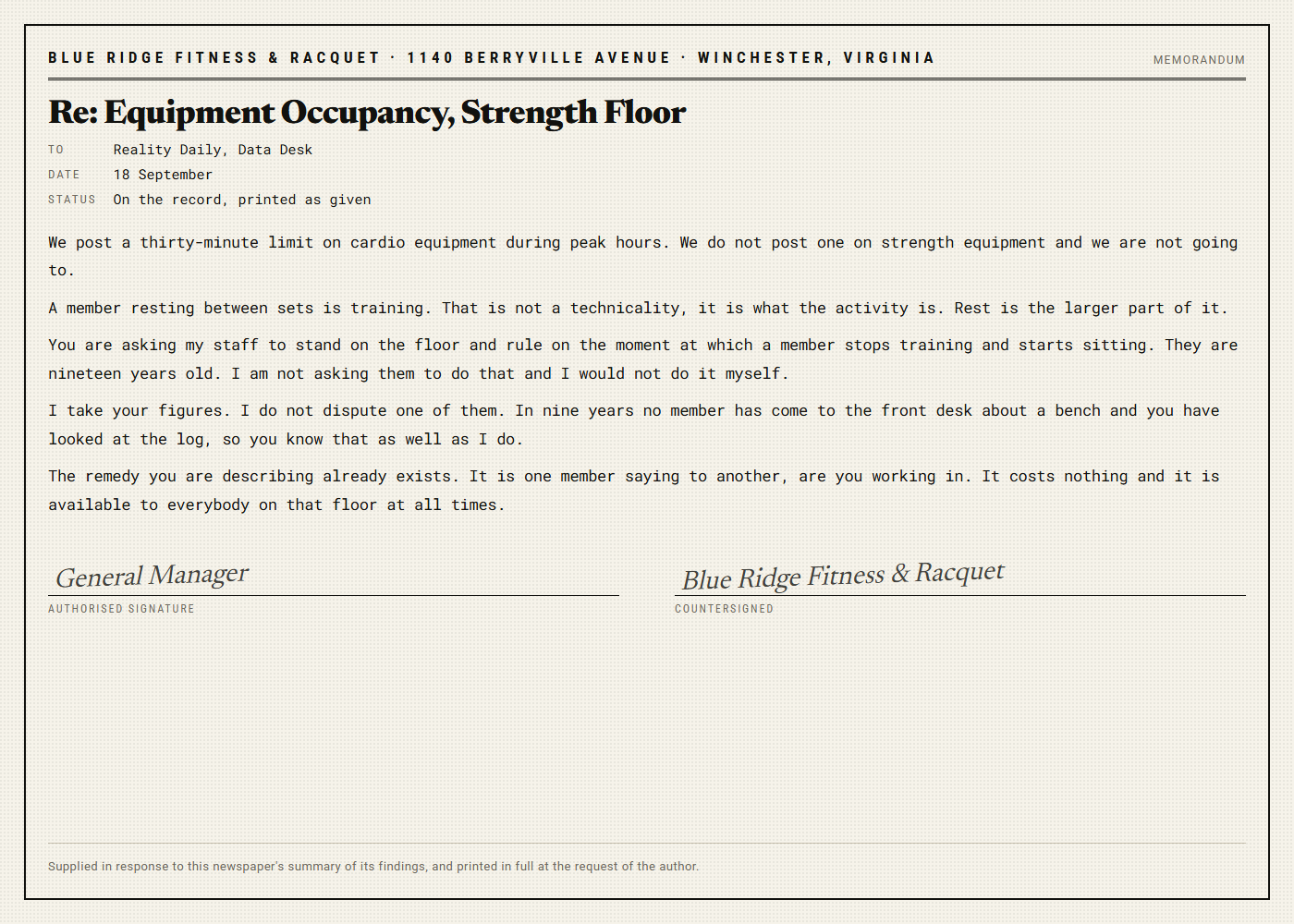 A memorandum on gym letterhead setting out why the facility posts a time limit on cardio equipment but not on strength equipment.