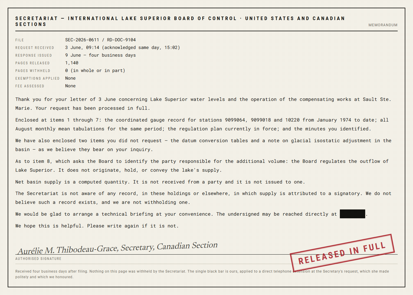 A courteous binational secretariat memorandum releasing 1,140 pages in full with no exemptions and no fee, stating that the Board regulates outflow but does not originate or hold the lake's supply, with one short black redaction bar over a direct telephone extension and a stamp reading RELEASED IN FULL.