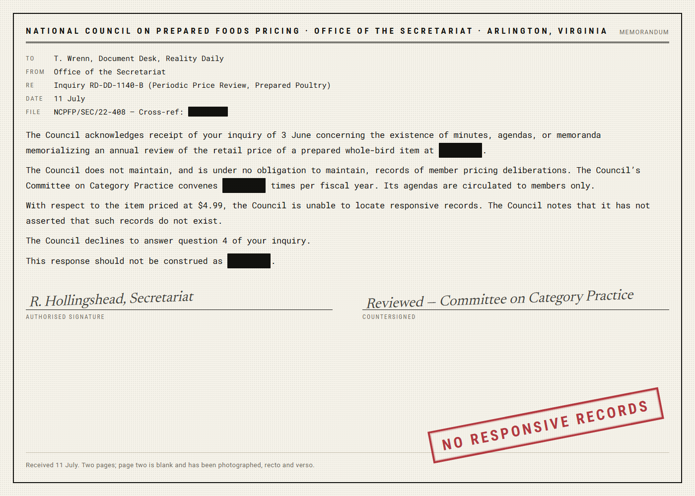 A typed memorandum on trade-association letterhead with several passages blacked out and a diagonal stamp reading NO RESPONSIVE RECORDS.