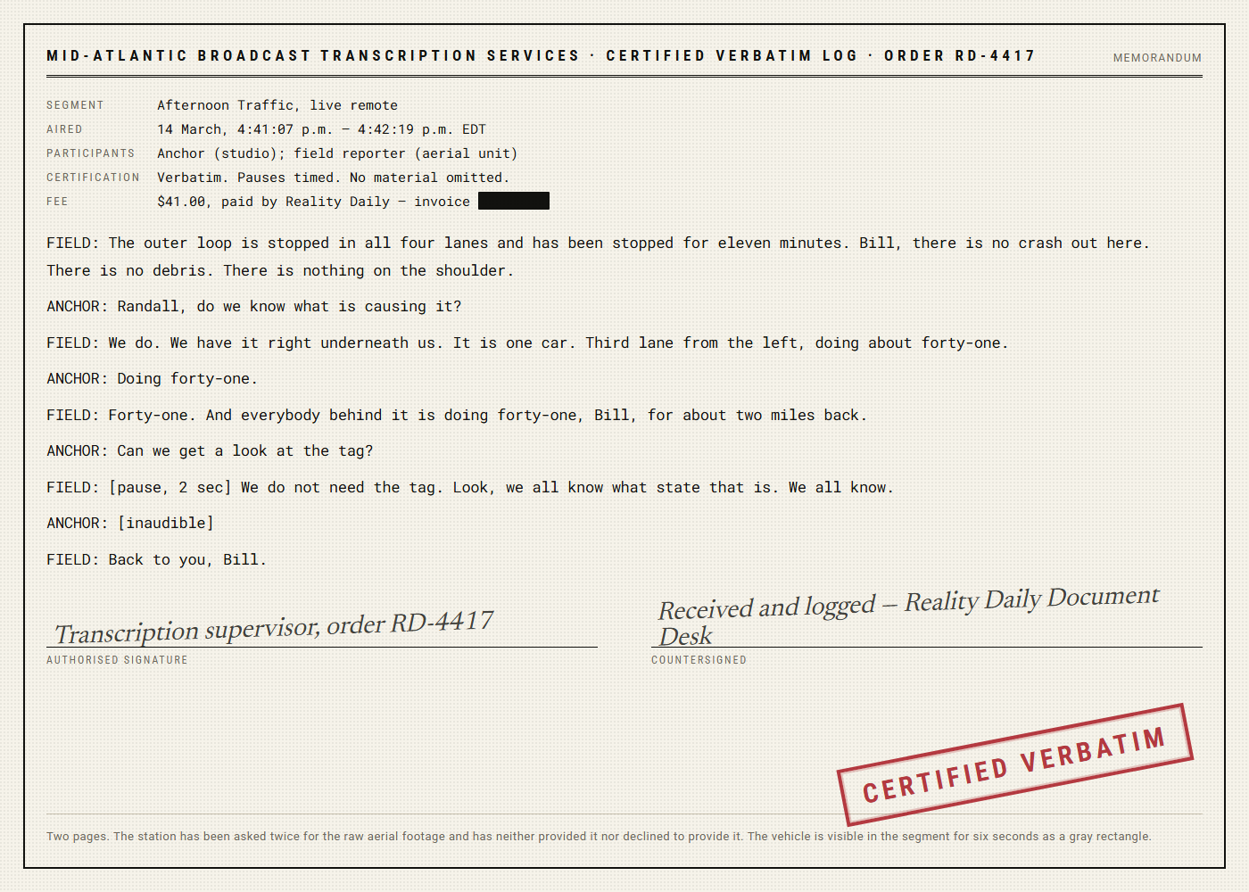 A typed broadcast transcription log on transcription-service letterhead, nine numbered speaker lines between a studio anchor and a field reporter, with one field redacted and a diagonal stamp reading CERTIFIED VERBATIM.