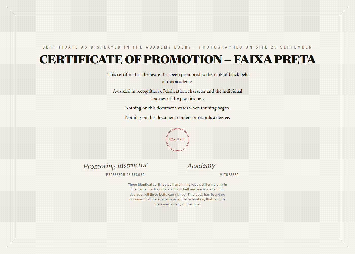 A certificate of promotion to black belt with an empty date-of-first-enrolment field and no mention of degrees.