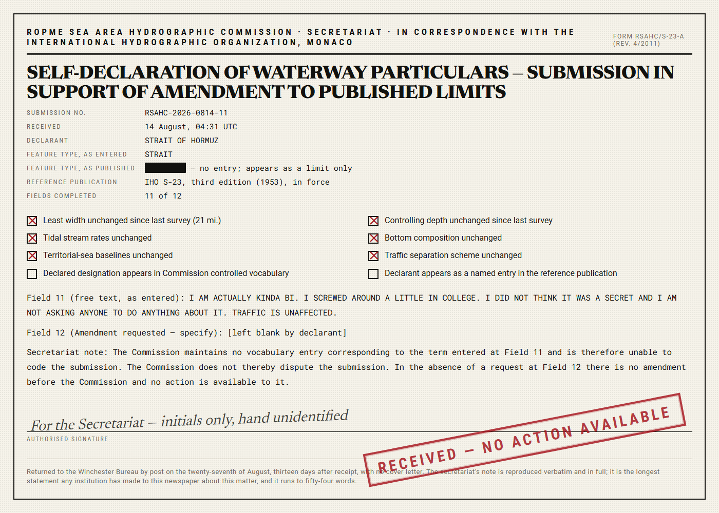 Reproduction of a two-page hydrographic commission self-declaration form for a waterway, with eight of eleven checkboxes marked, a free-text field, a blank amendment-request field and a stamp reading received, no action available.