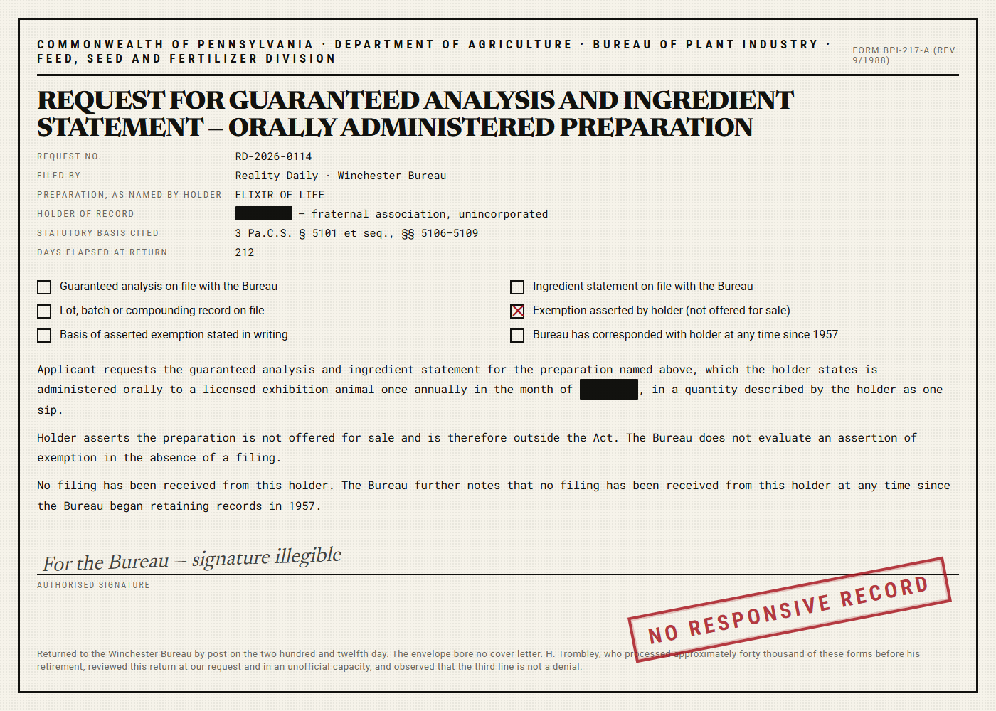 Reproduction of a state agriculture department form requesting the ingredient statement for an orally administered preparation, with five of six checkboxes unchecked and a stamp reading no responsive record.