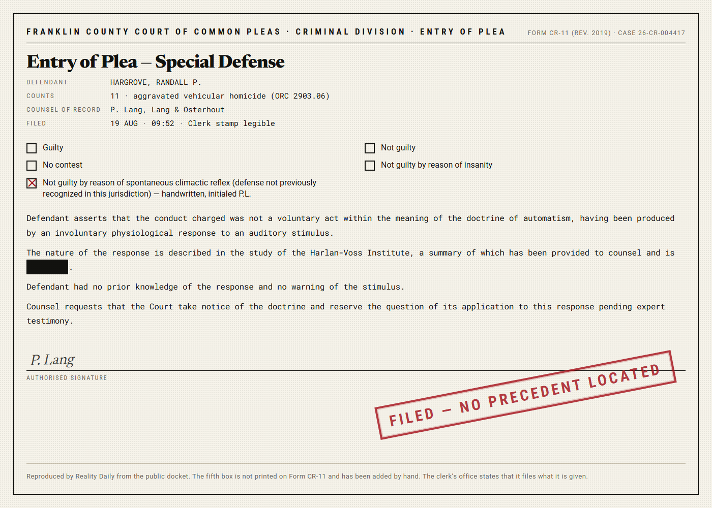 A county court plea form with four printed checkboxes left empty and a fifth handwritten line, checked, reading not guilty by reason of spontaneous climactic reflex; part of the text is blacked out and a red stamp reads FILED, NO PRECEDENT LOCATED.