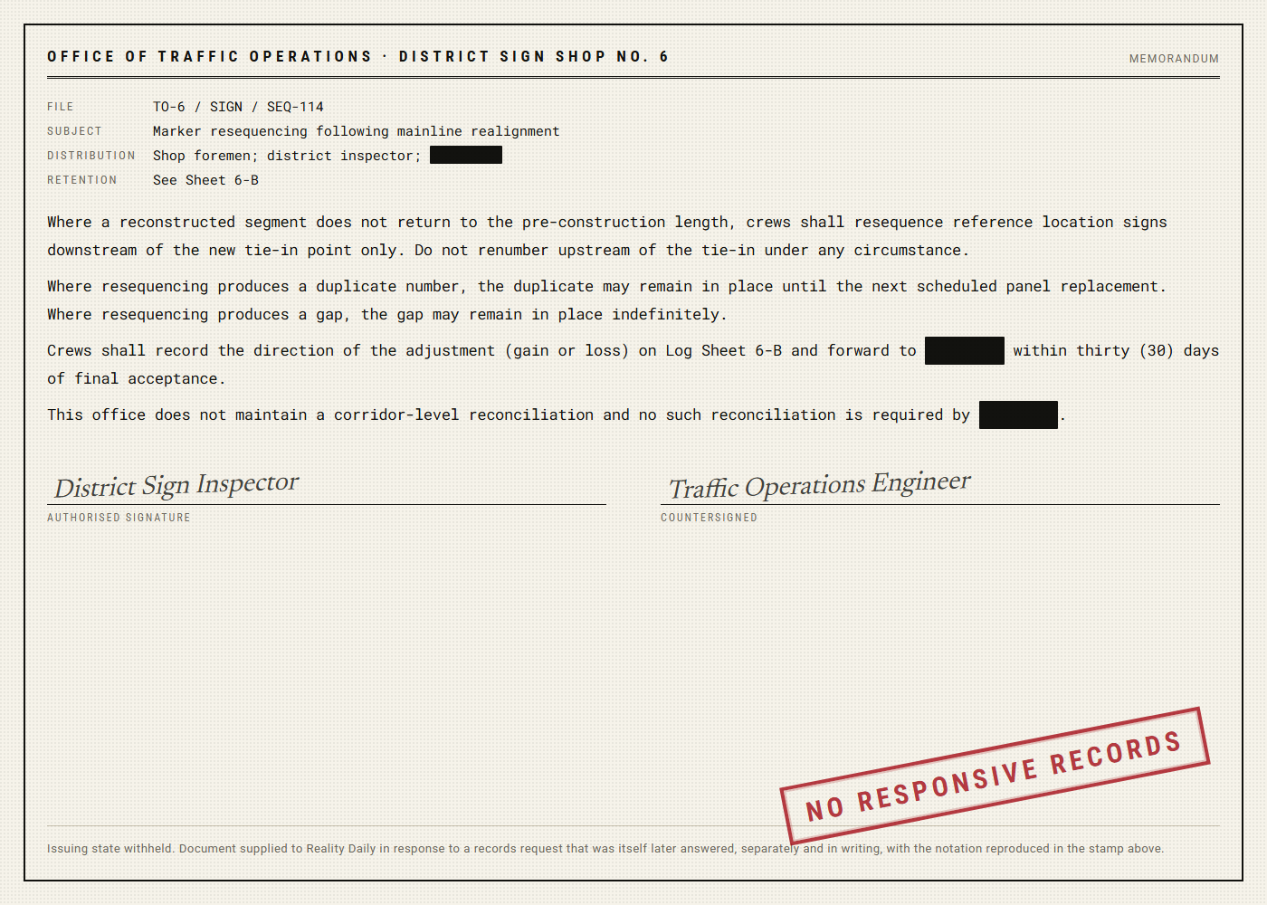 A district highway sign shop memorandum on letterhead giving instructions for renumbering mile markers after road reconstruction, with several phrases blacked out and a stamp reading NO RESPONSIVE RECORDS.