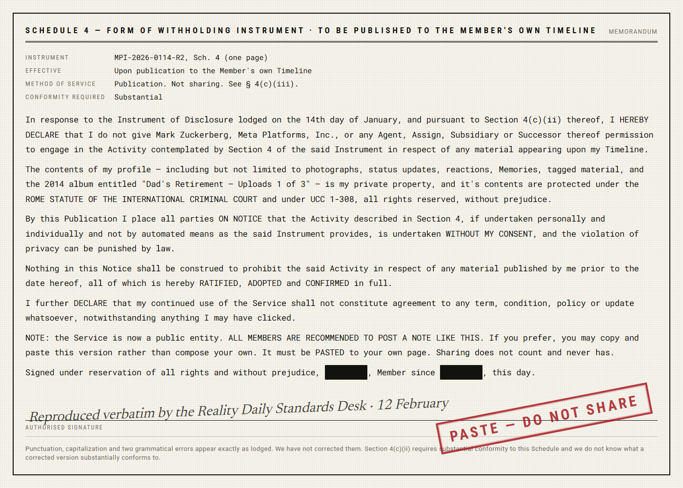 A single-page legal form headed Schedule 4, setting out a seven-clause notice to be copied and posted, with two phrases blacked out and a stamp reading PASTE — DO NOT SHARE.