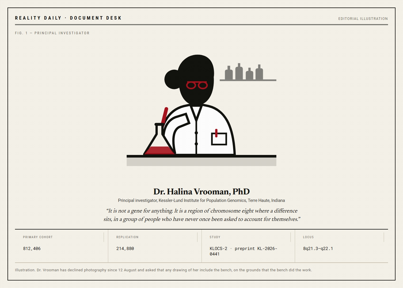 Duotone editorial illustration of a woman in a lab coat standing at a laboratory bench, holding a pipette over a rack of tubes, with a flask beside her and a heavy horizontal bench line across the lower third of the frame.