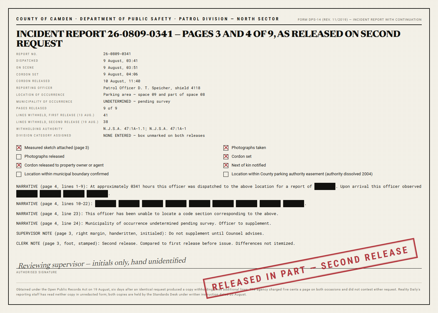 Facsimile of a county incident report form showing twelve checkboxes of which six are unmarked, a metadata block listing dispatch and cordon times, and a narrative section in which most of the text is replaced by solid black bars, stamped Released In Part.