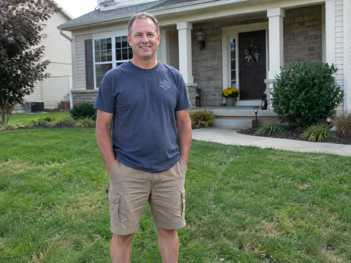 A middle-aged man in a navy T-shirt and khaki cargo shorts stands with his hands in his pockets on the front lawn of a suburban house, smiling slightly at the camera.