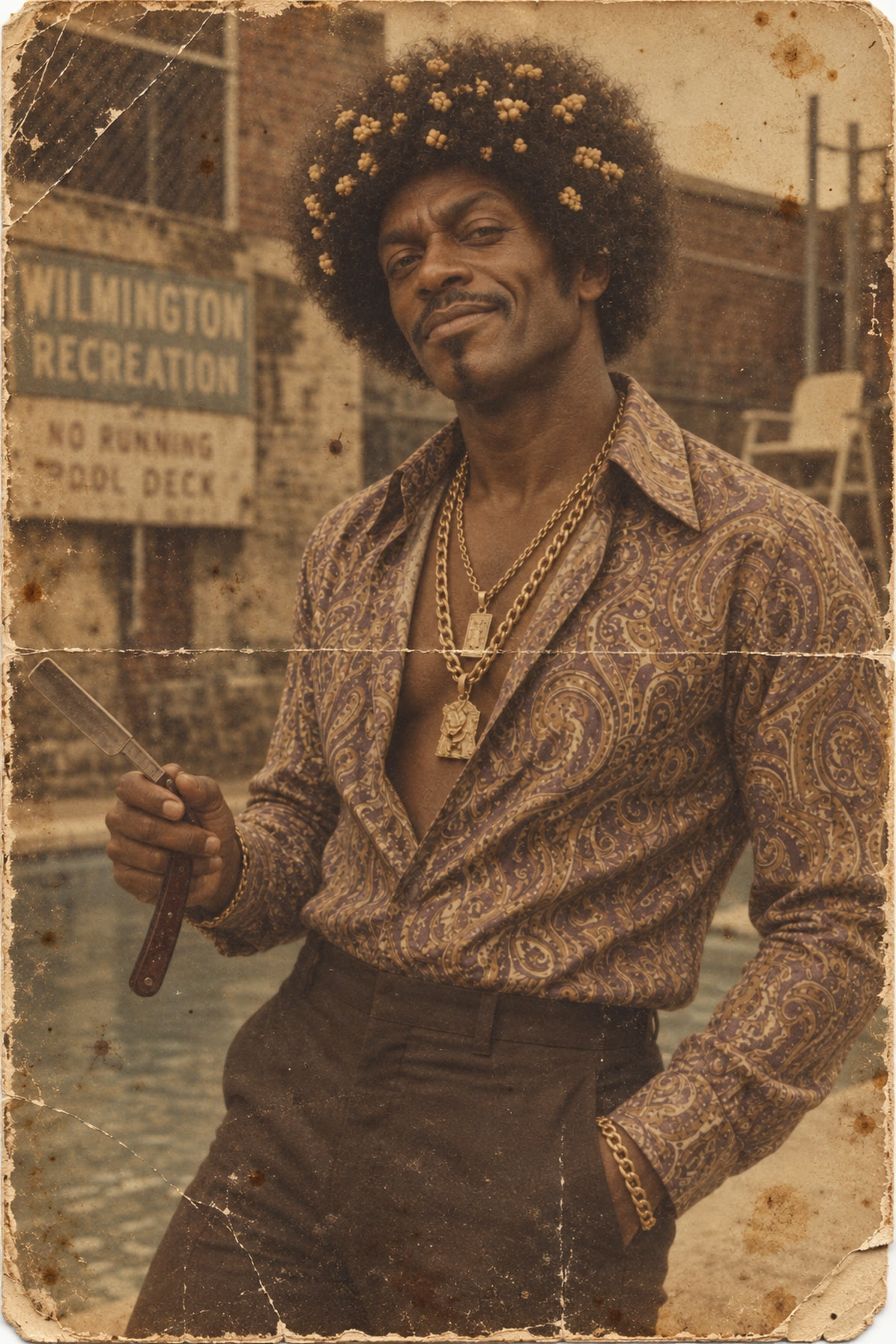 A creased and sun-faded colour photograph from 1968 of a man with a large afro dressed with corn kernels, wearing an open paisley shirt and gold chains, holding a straight razor beside a swimming pool. A sign behind him reads Wilmington Recreation, No Running, Pool Deck.