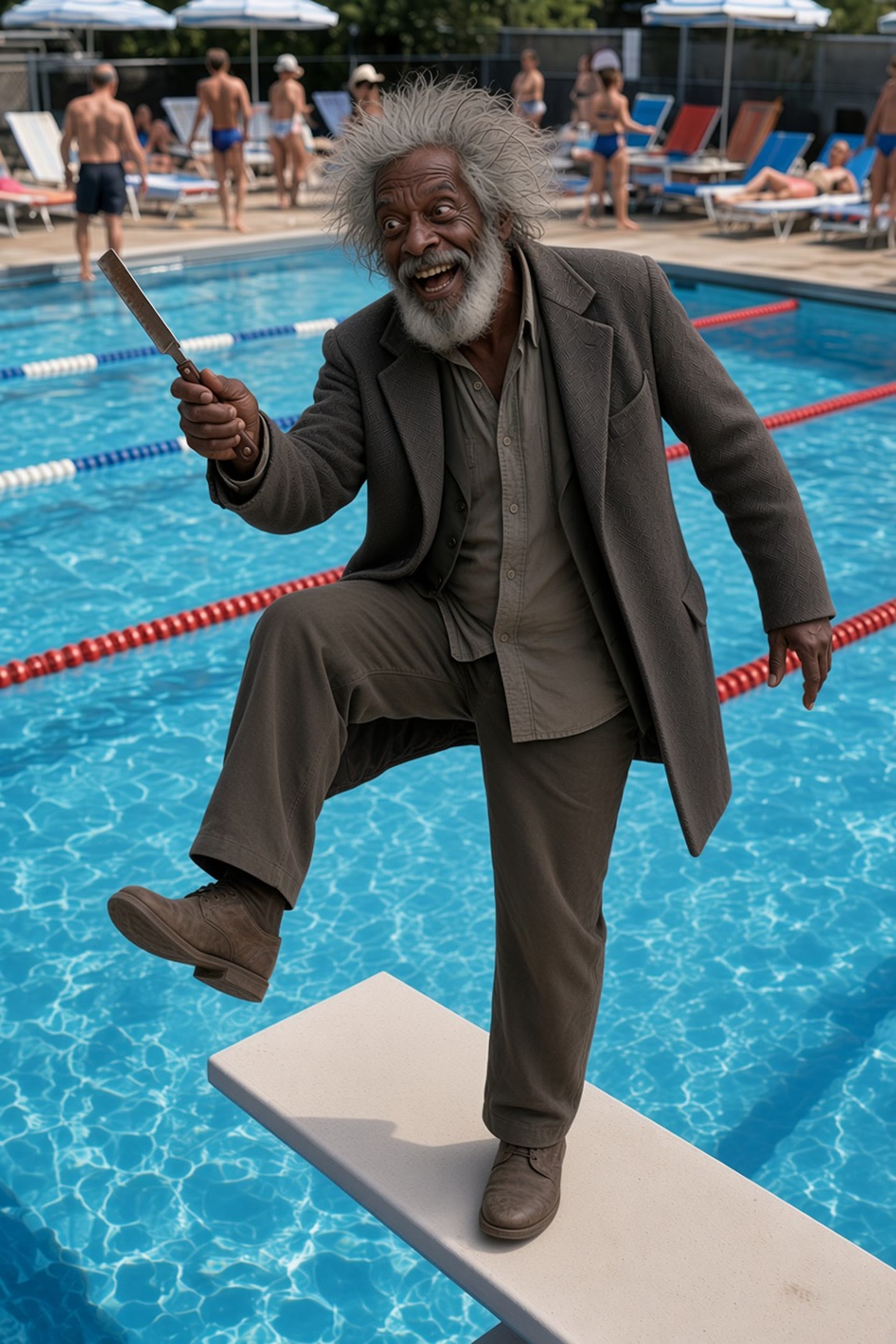An older man with wild grey hair and a beard, in a jacket and trousers, standing on a diving board above a public swimming pool, laughing and holding an open straight razor aloft.