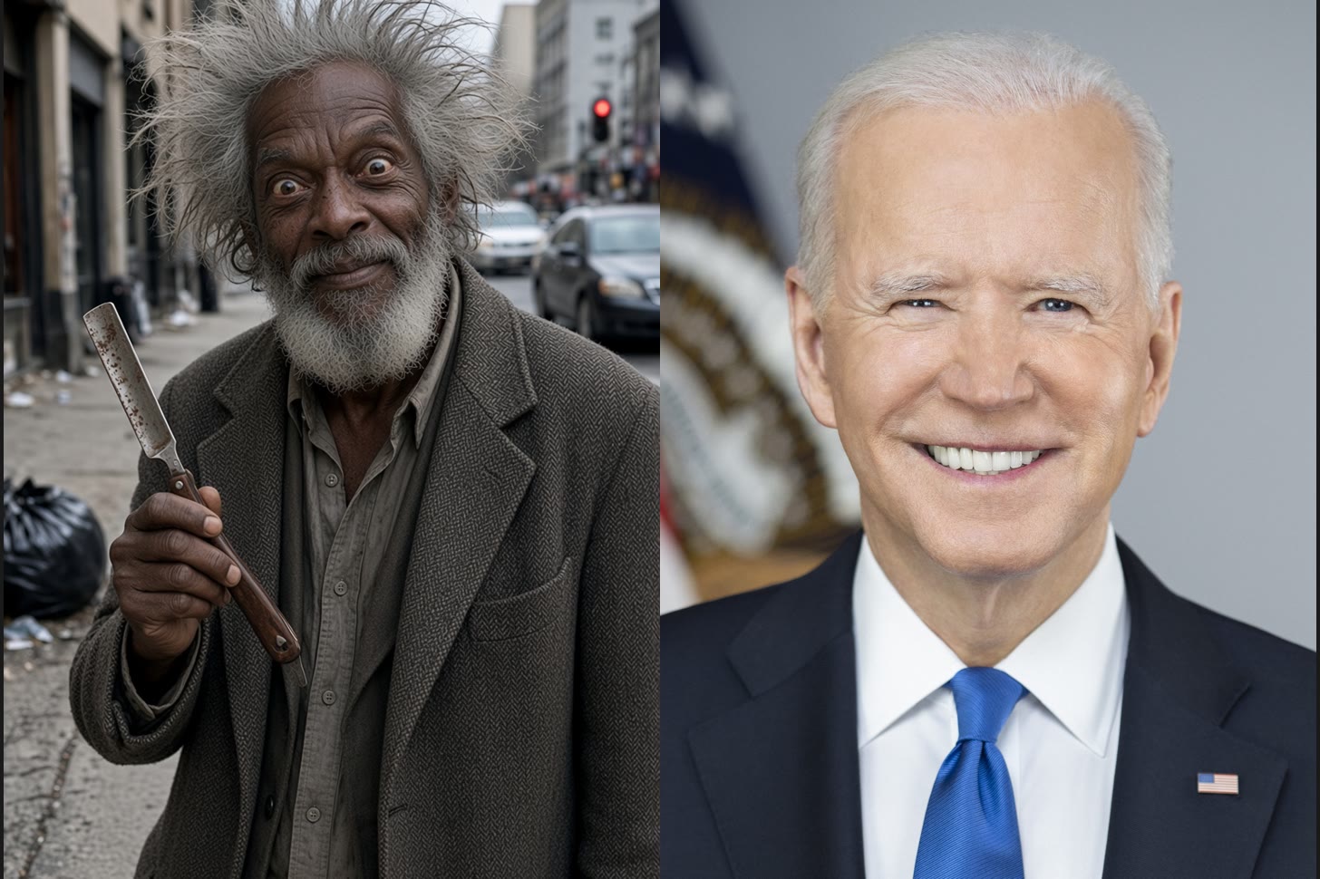 A two-panel composite. Left: an older man with wild grey hair and a beard standing on a city street, holding an open straight razor and looking directly at the camera. Right: the official portrait of Joe Biden in a dark suit and blue tie, smiling.