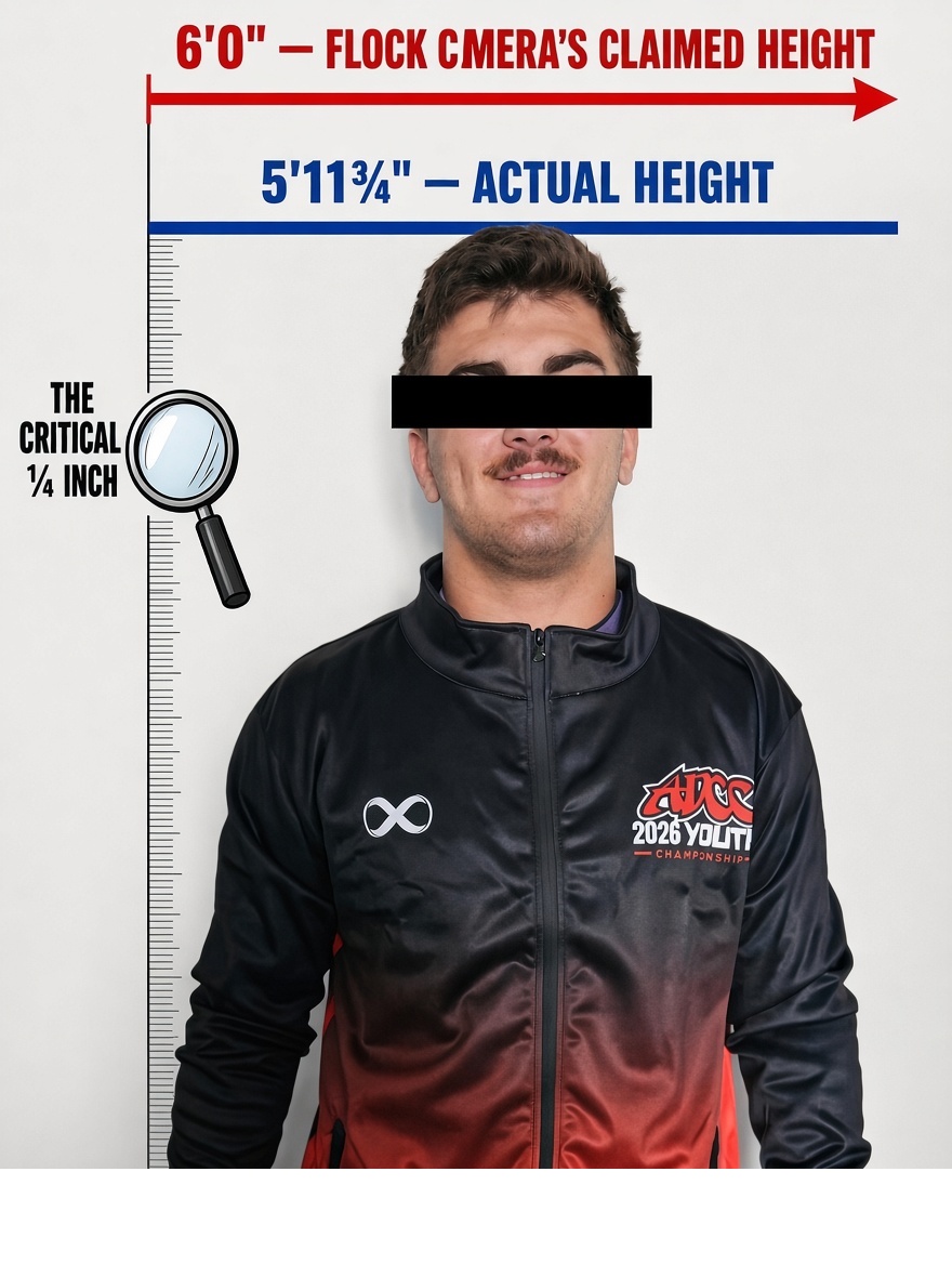 A young athlete in an ADCC 2026 Youth Championship jacket stands against a measuring wall with a black bar over his eyes, annotated with a red line at six feet, a blue line just below it, and a magnifying glass labelled “the critical quarter inch.”