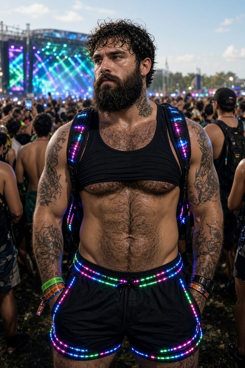 A bearded festivalgoer in a black tank top and shorts trimmed with multicolored LED strips, standing in a crowd in front of a lit concert stage.