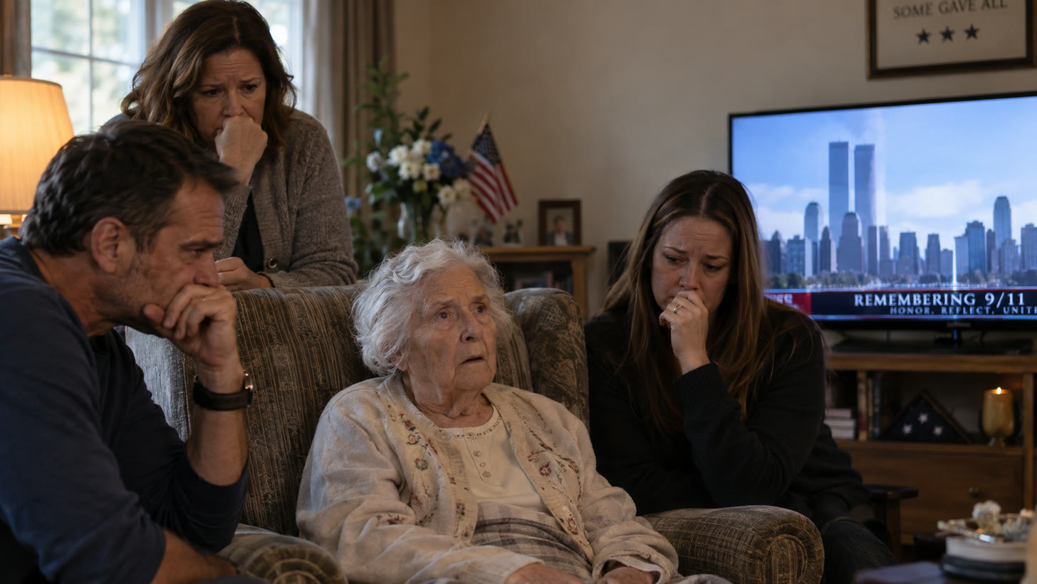 An elderly woman with white hair sits in an armchair looking puzzled while three family members around her cover their mouths in distress; a television behind them shows the World Trade Center towers under a banner reading Remembering 9/11.