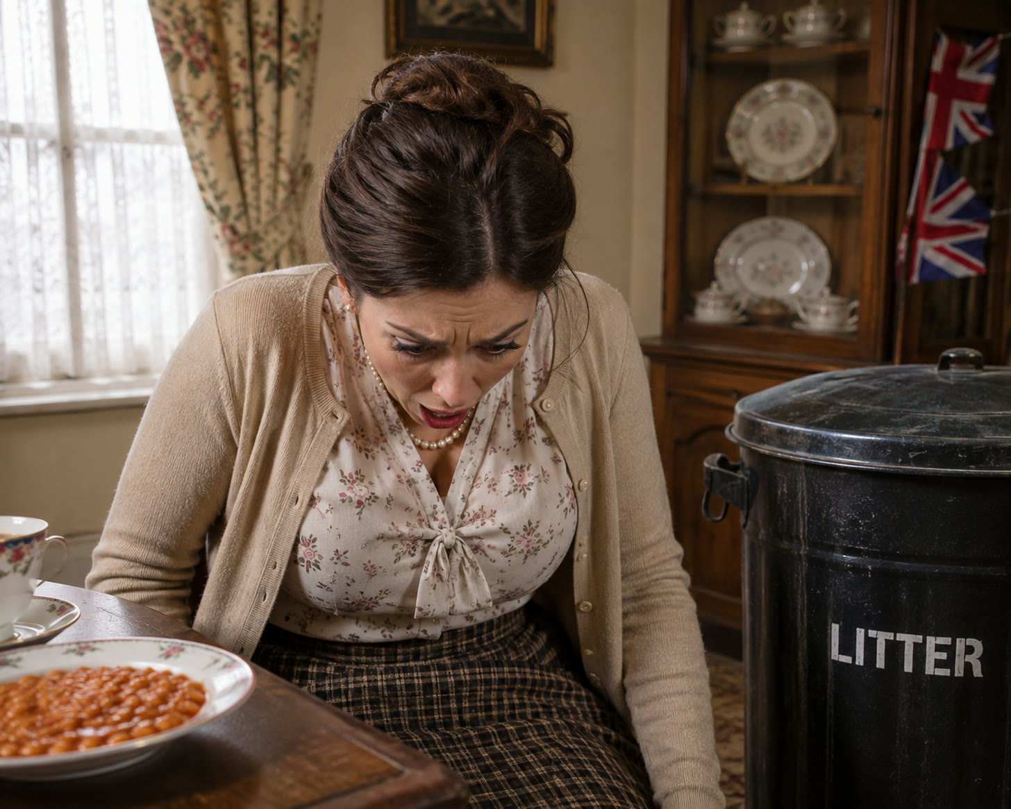 A woman in a cardigan and floral blouse sits at a dining table grimacing downward, a plate of baked beans and a teacup in front of her and a large metal bin marked LITTER beside her, with a Union Jack and a china cabinet in the background.