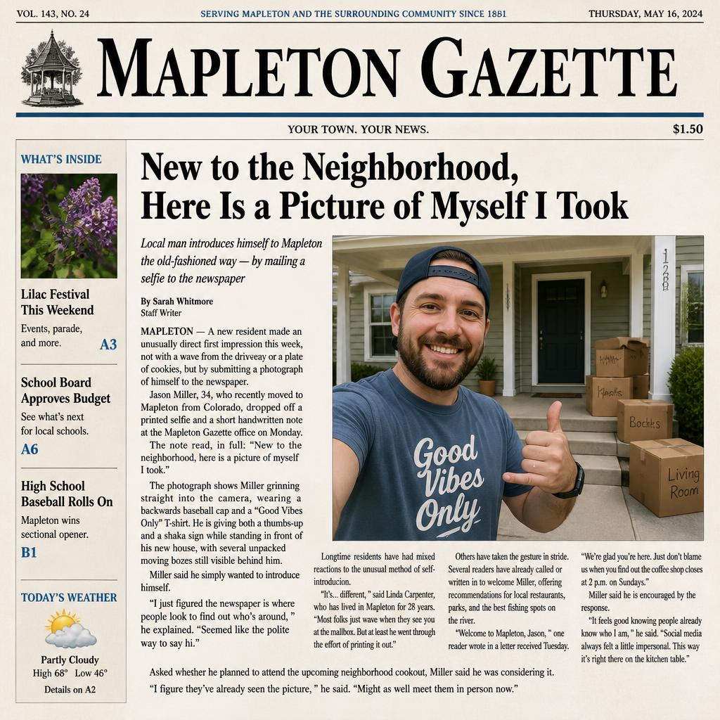 The front page of the Mapleton Gazette, its lead story headlined “New to the Neighborhood, Here Is a Picture of Myself I Took,” illustrated with a selfie of a grinning man in a backwards cap in front of his new house.
