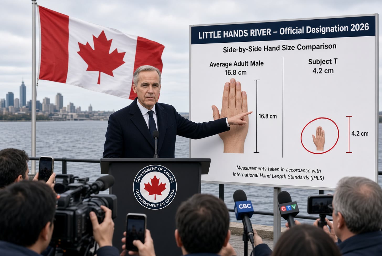 Prime Minister Mark Carney at a Government of Canada podium beside a Canadian flag and a river, gesturing to a large chart headed "LITTLE HANDS RIVER – Official Designation 2026" that compares an average adult male hand of 16.8 cm with a much smaller hand labelled "Subject T" at 4.2 cm. Press photographers and CBC and CTV microphones fill the foreground.