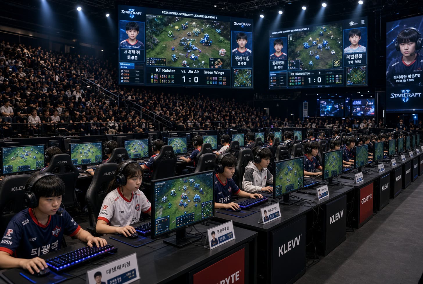 A long row of young players in team jerseys and headsets play StarCraft at monitors on an arena stage, beneath large screens showing the match score, the game map and portraits of each competitor, with a full crowd seated behind them.