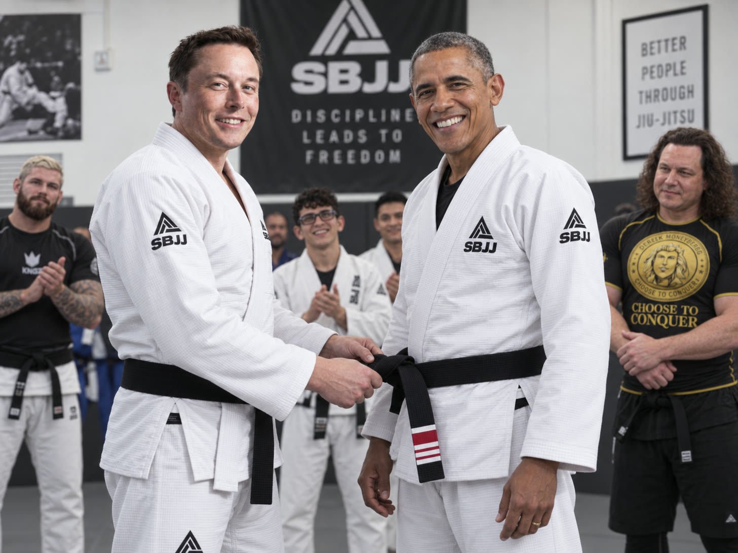 Two men in white gis stand smiling at the front of a jiu-jitsu mat room. One ties a black belt around the other's waist while members applaud behind them, beneath a banner reading Discipline Leads to Freedom. A man in a black rash guard watches from the right edge with his arms folded.
