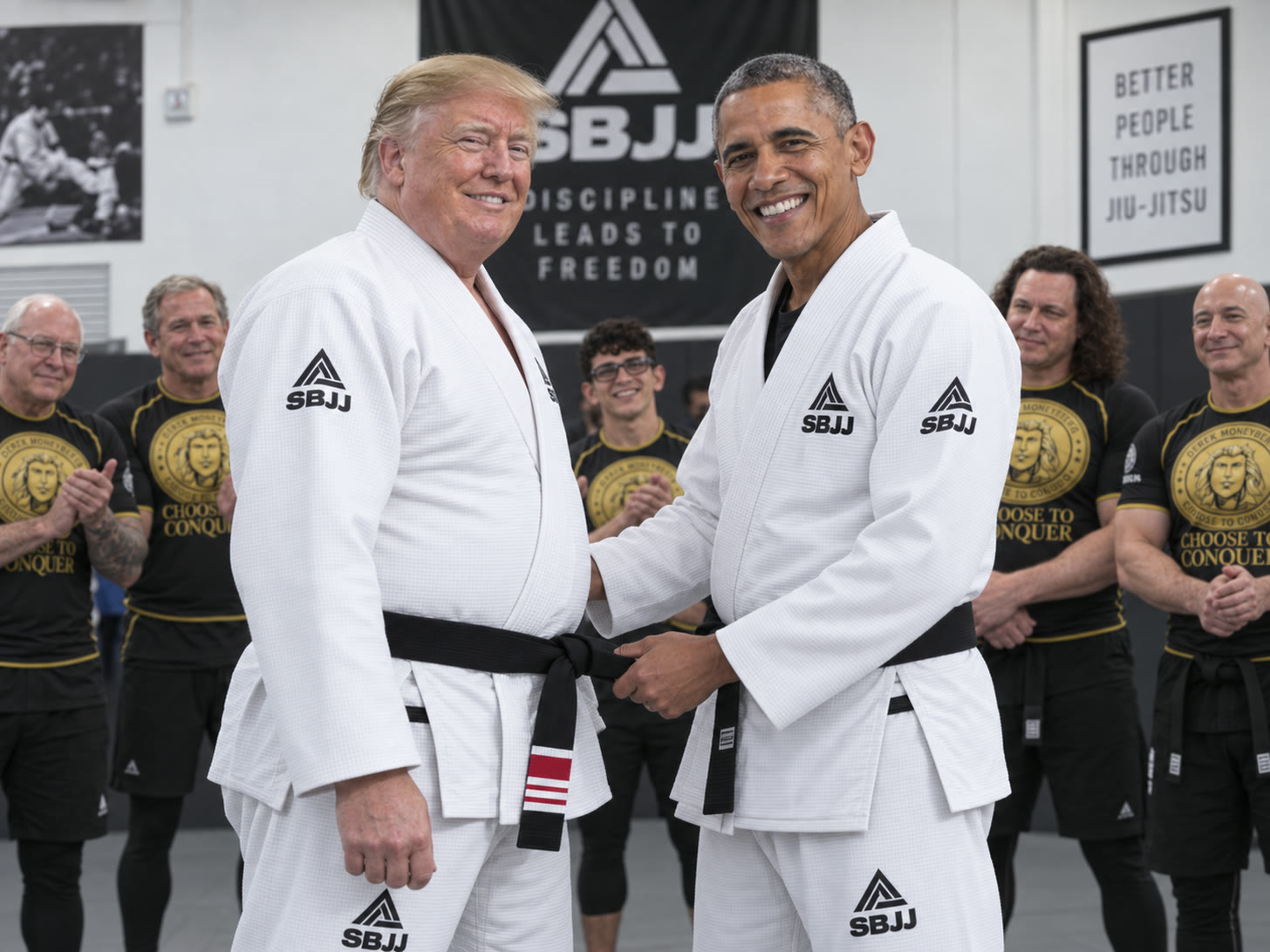 Two men in white gis stand smiling at the front of a jiu-jitsu mat room as one finishes tying a black belt around the other's waist. Behind them several men in black and gold branded rash guards applaud, including two older men at the left of the frame.