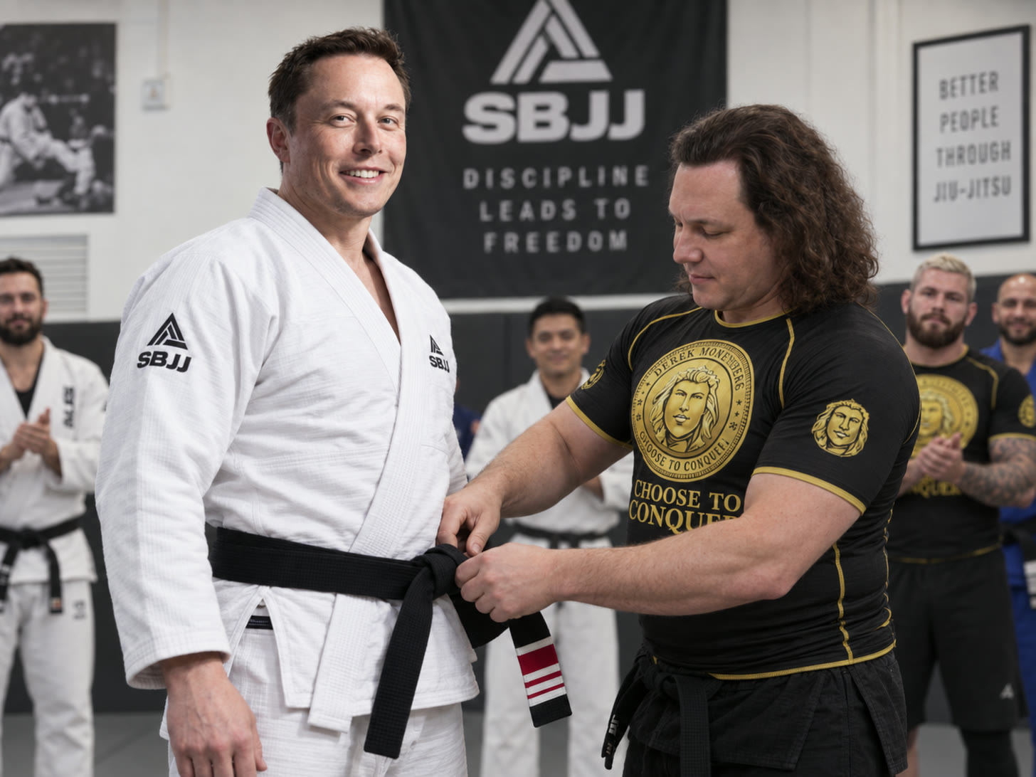 A man in a white gi stands smiling at the front of a jiu-jitsu mat room while a second man in a black athletic top ties a black belt around his waist. Members of the academy applaud behind them beneath a banner reading Discipline Leads to Freedom.