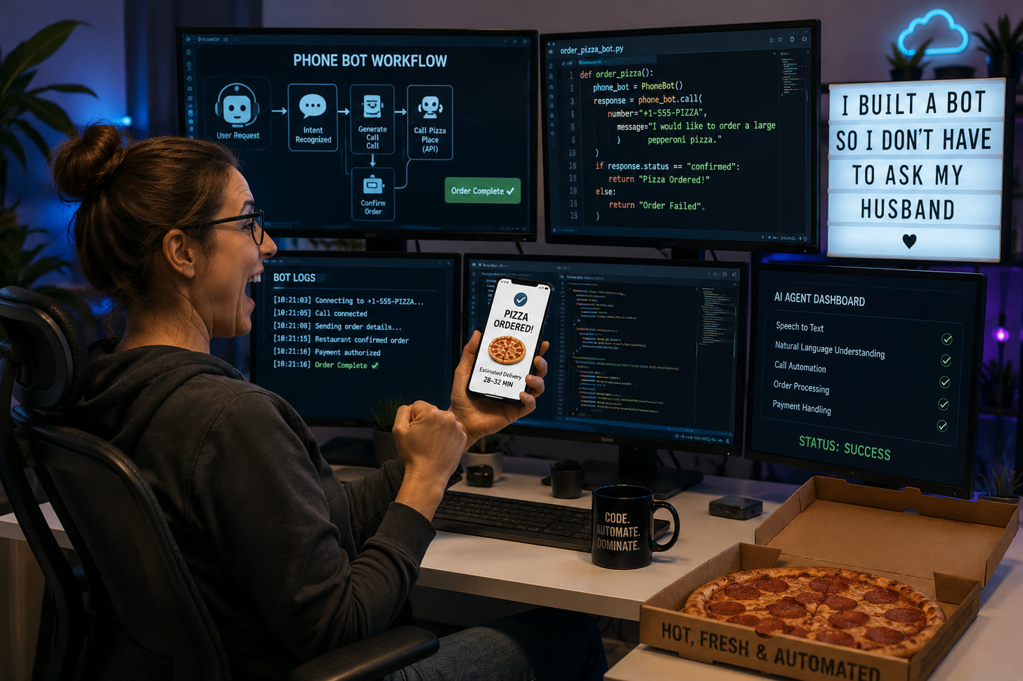 A woman at a desk of monitors showing a phone-bot workflow diagram, code, and call logs, raising a phone displaying a pizza order confirmation. A lightbox sign beside the monitors reads "I built a bot so I don’t have to ask my husband." An open pizza box sits on the desk.