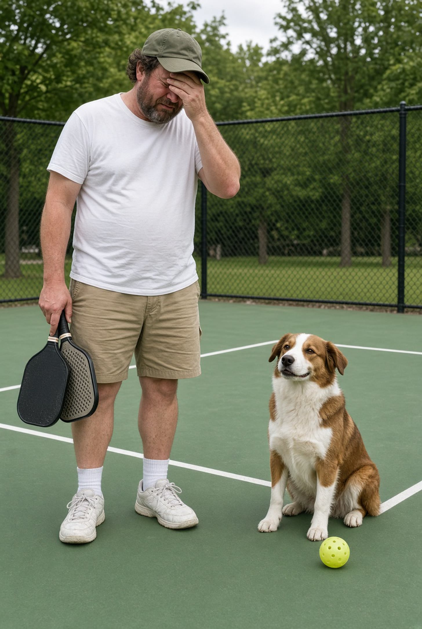 A man in a cap holding two pickleball paddles covers his face with one hand while a brown and white dog sits beside him on a pickleball court, with a yellow pickleball on the ground between them.