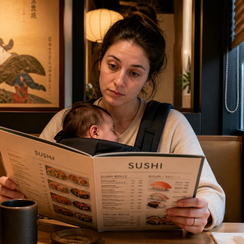 A tired-looking woman with her hair up sits in a restaurant booth reading a large sushi menu with both hands, a sleeping infant strapped to her chest in a carrier, a paper lantern and a framed Japanese print behind her.