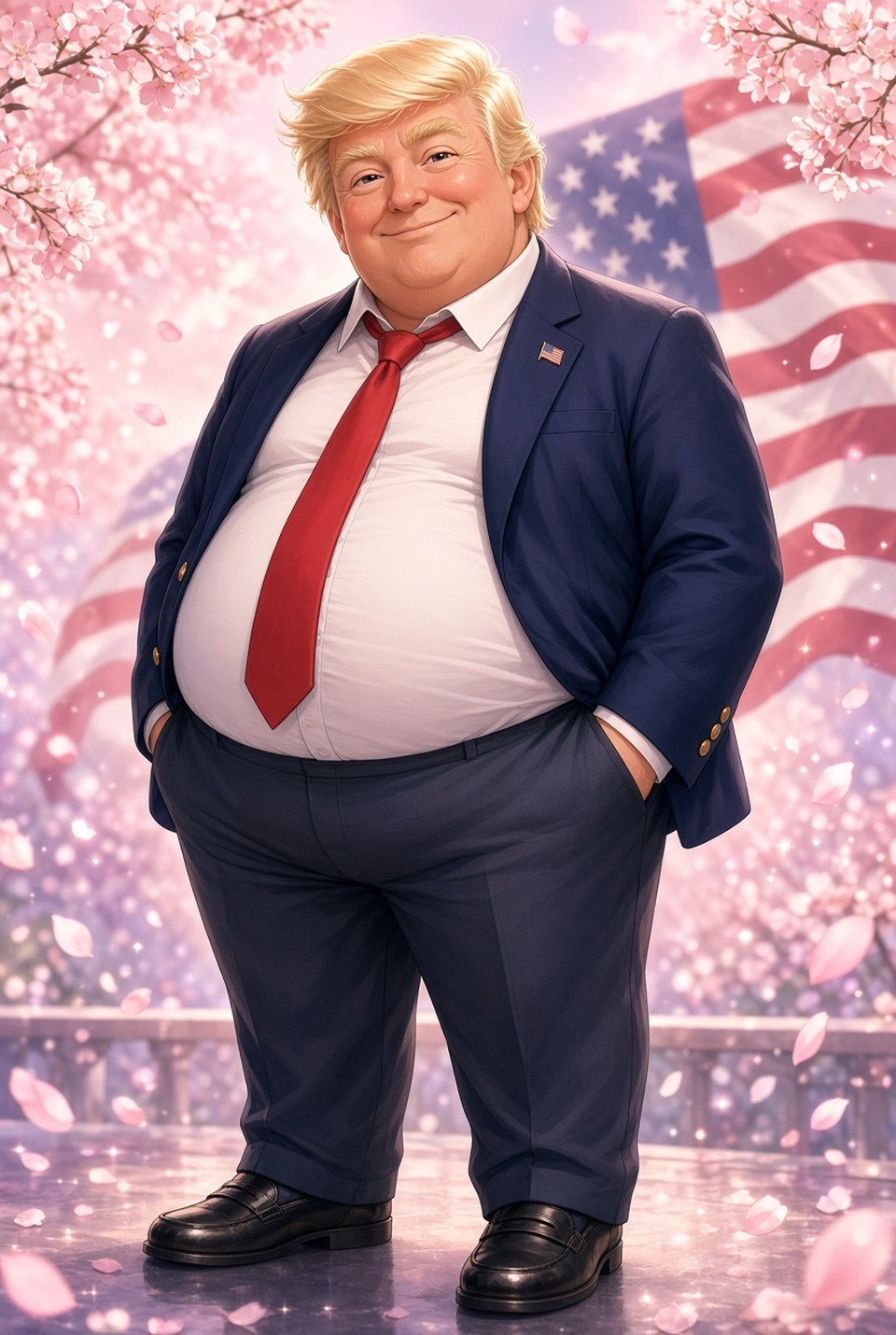 A stylized full-length anime illustration of Donald Trump as a smiling, rotund figure in a navy suit and red tie, blond hair, standing before an American flag with pink cherry blossom petals drifting around him.