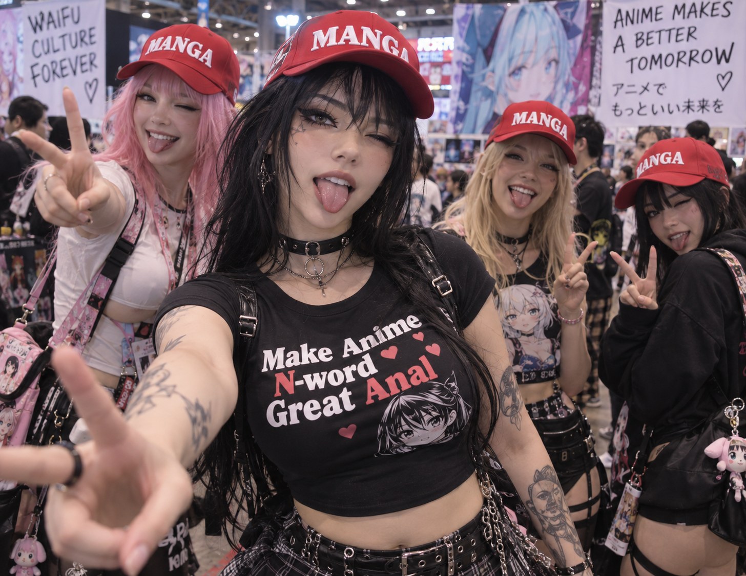 Four young women in red MANGA caps at an anime convention, tongues out, throwing peace signs at the camera, with signs reading WAIFU CULTURE FOREVER and ANIME MAKES A BETTER TOMORROW visible behind them.