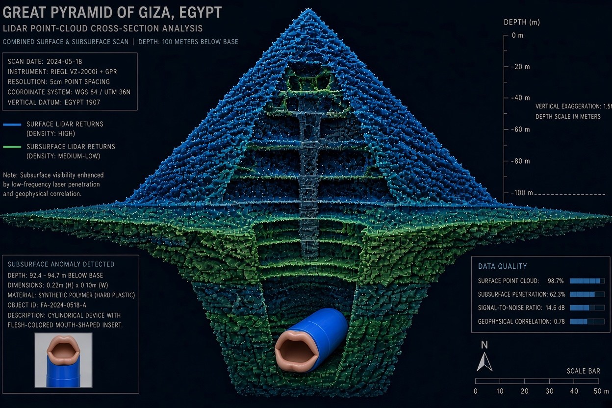 A rendered blue-and-green point-cloud cross-section of the Great Pyramid with a depth scale, a data-quality panel and a captioned anomaly panel at lower left describing a cylindrical object below the base.