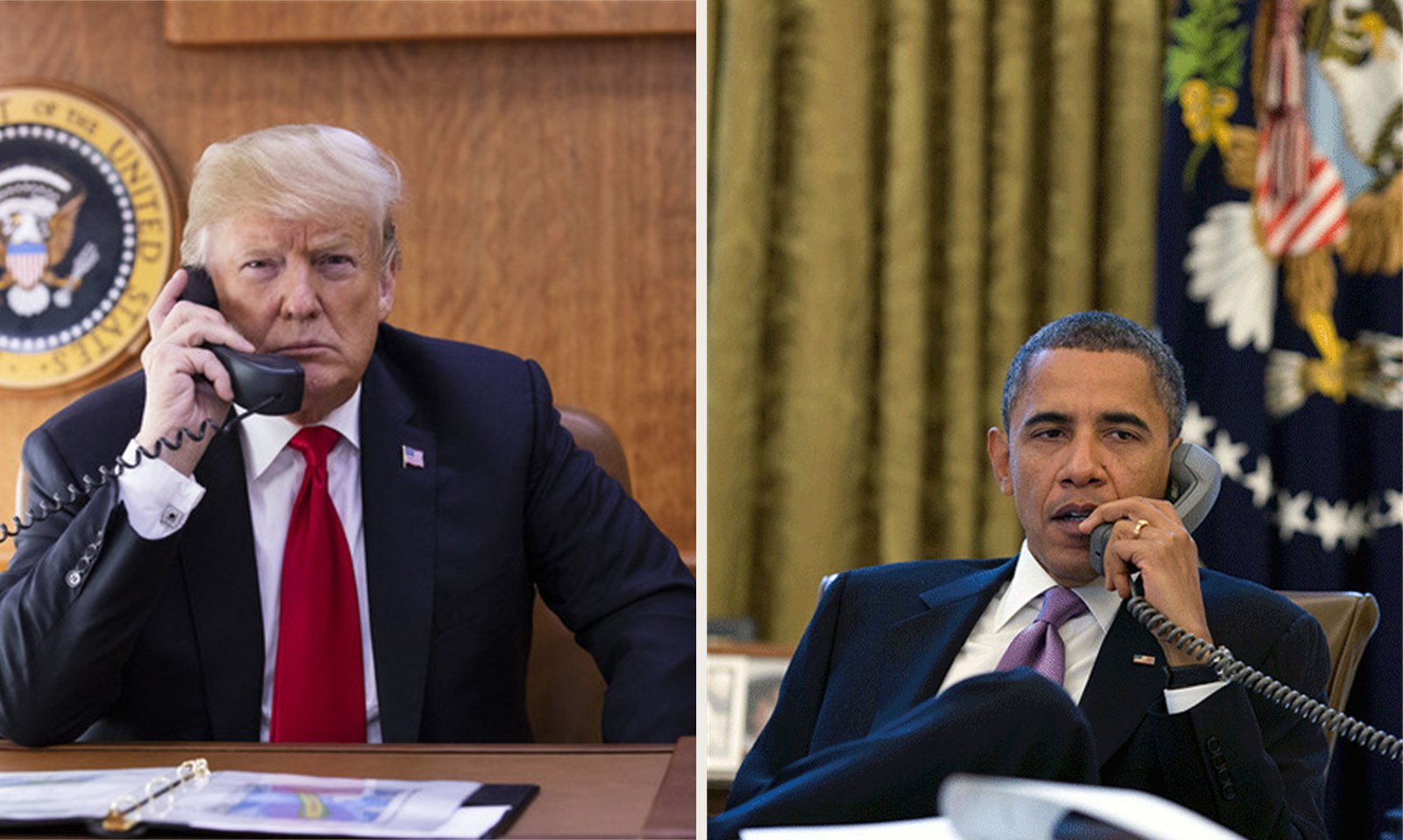 A two-panel composite showing the official portrait of Donald Trump on one side and the official portrait of Barack Obama on the other, each turned toward the center.