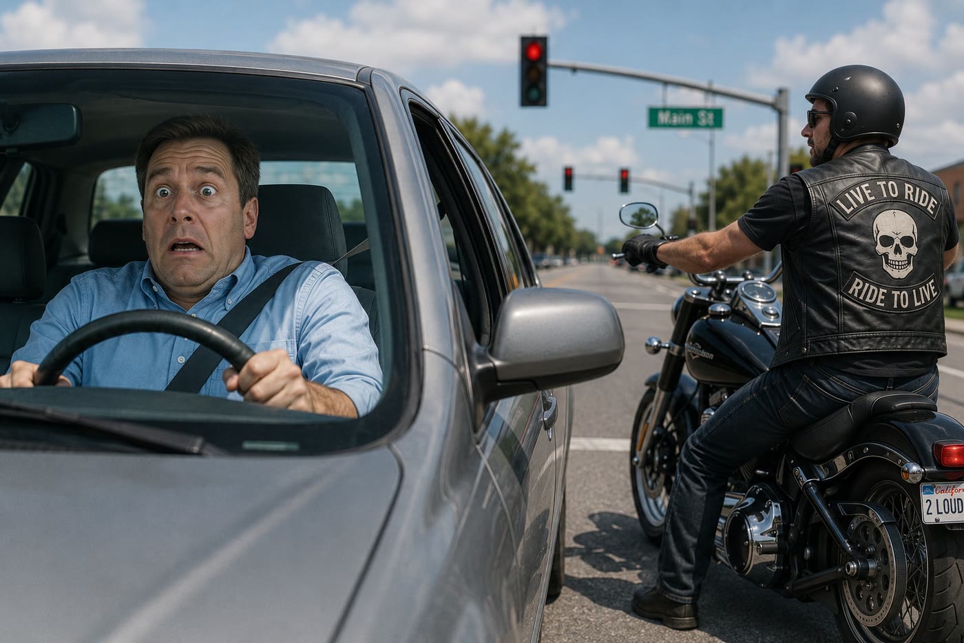A man with a startled expression gripping the steering wheel of a silver car stopped at a red light, while a motorcyclist in a black leather vest reading Live to Ride sits on a Harley-Davidson beside him; the motorcycle’s license plate reads 2 LOUD.