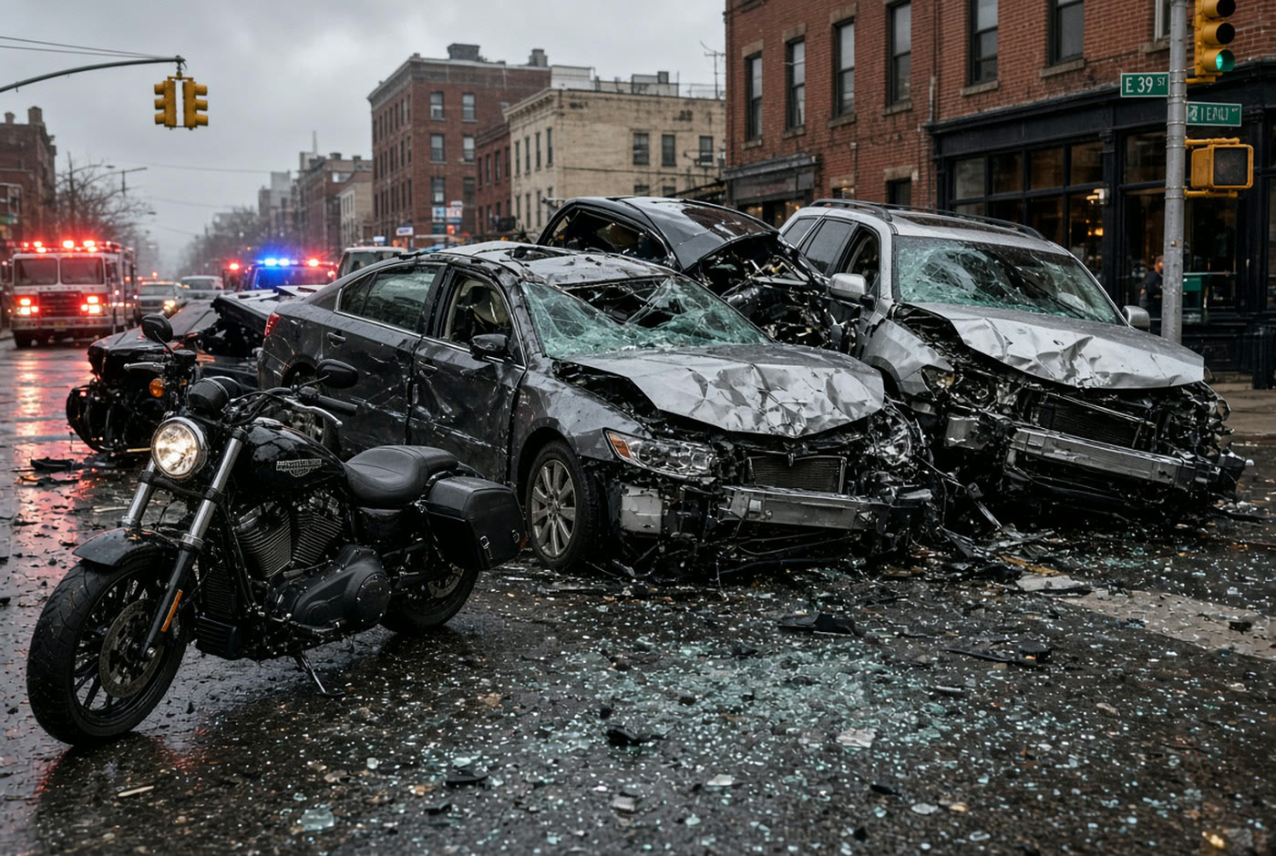 A wet city intersection after a multi-vehicle collision: several badly damaged cars, a fire truck with lights on in the background, and an undamaged black Harley-Davidson motorcycle parked upright in the foreground.