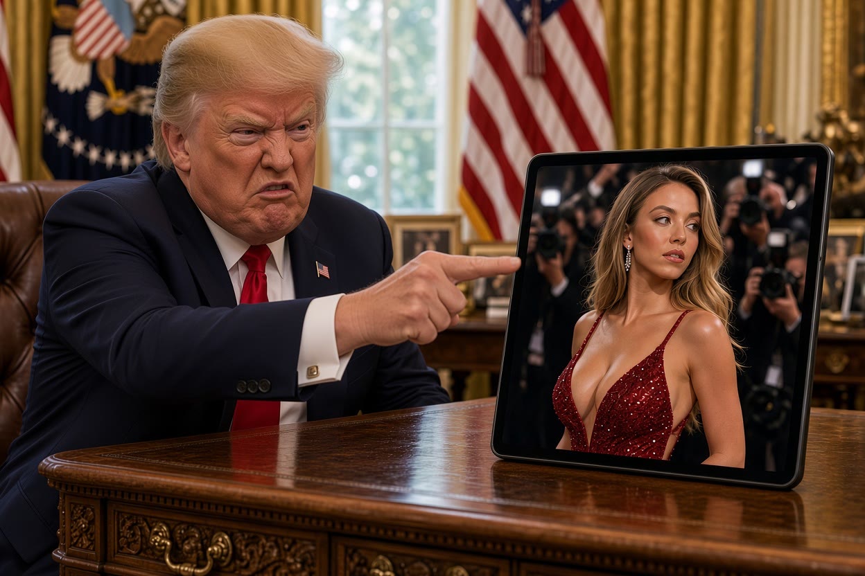 An illustration of the President at the Resolute desk, pointing at a tablet propped up in front of him showing a red-carpet photograph of an actress.