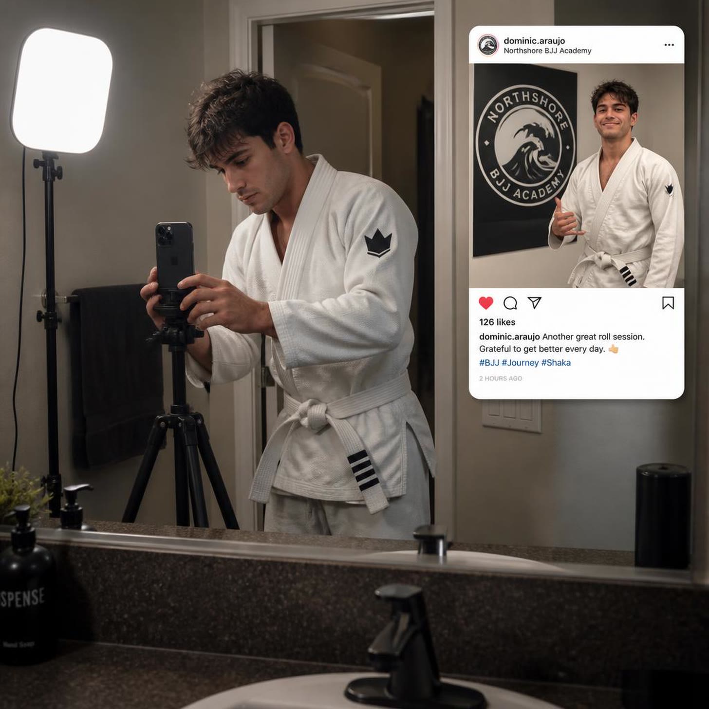 A young man in a white jiu-jitsu gi and white belt stands at a bathroom mirror, lining up a phone on a tripod beside a ring light, next to an Instagram post of himself giving a thumbs-up captioned “Another great roll session. Grateful to get better every day.”