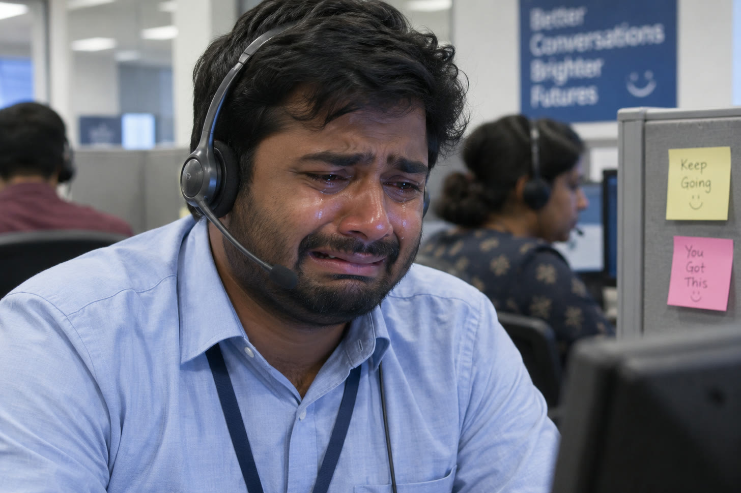 A man in a blue shirt and a call center headset weeps at his desk in an open-plan office, beneath a wall sign reading “Better Conversations, Brighter Futures” and beside sticky notes that say “Keep Going” and “You Got This.”