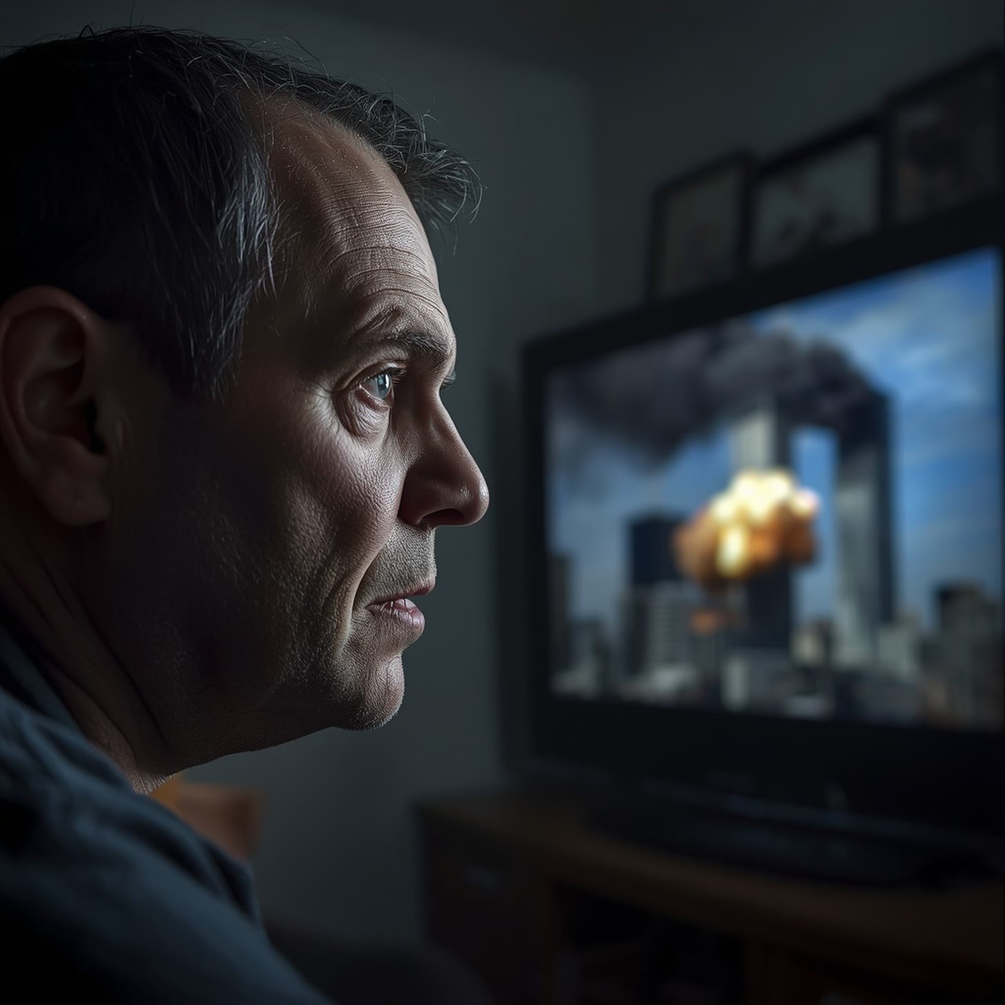 A middle-aged man seen in profile in a dim living room stares at a television showing the World Trade Center towers burning.