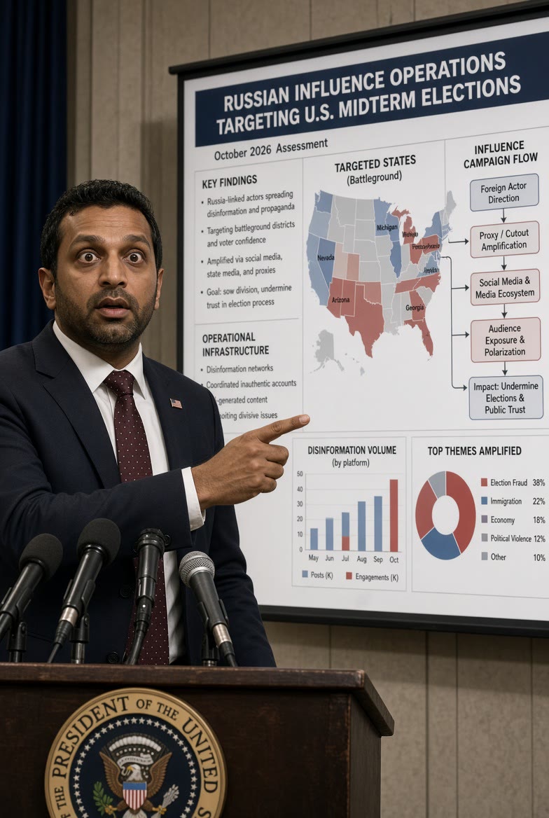 A photo illustration of FBI Director Kash Patel at a podium with wide eyes, pointing at a large chart titled Russian Influence Operations Targeting U.S. Midterm Elections, with a red-and-blue map of targeted states.